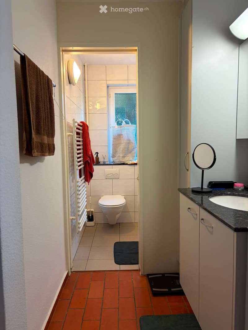Modern bathroom with a toilet, sink, mirror, and towel. Features a radiator, tiled walls, and a window with a frosted glass design.