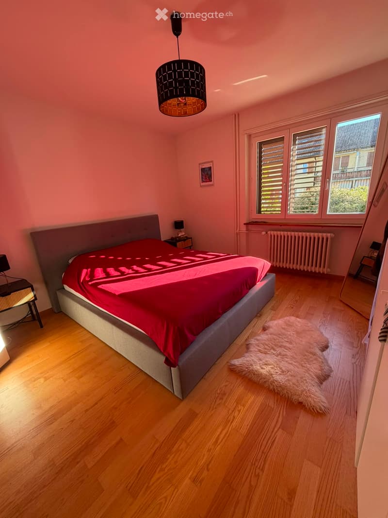Bedroom with wooden flooring, large bed with red bedding, nightstand with lamp, picture frame on wall, and a fluffy white rug on the floor.