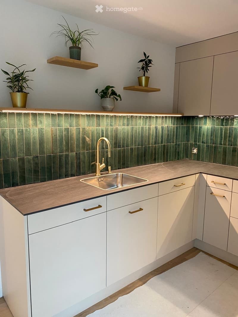 Modern kitchen with white cabinets, wooden countertop, stainless steel sink, and brass faucet. Green tiled backsplash and wooden shelves with potted plants.