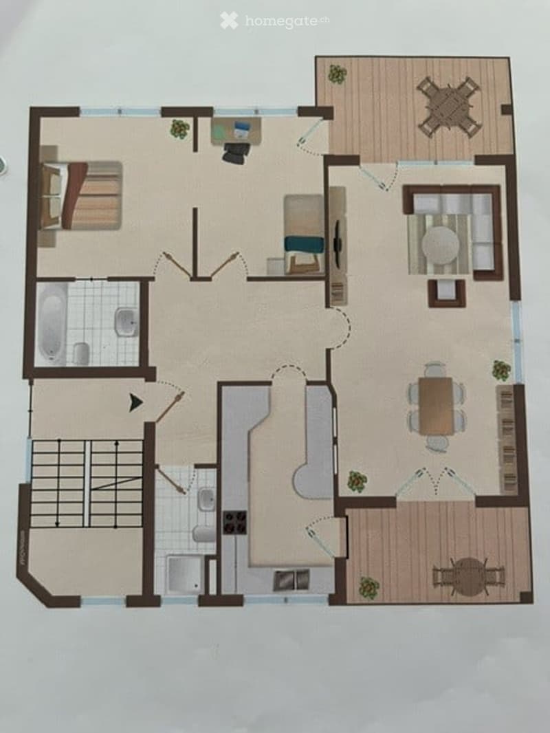 Floor plan of a modern apartment with multiple rooms including a living room, dining area, kitchen, bedrooms, bathrooms, and a balcony.
