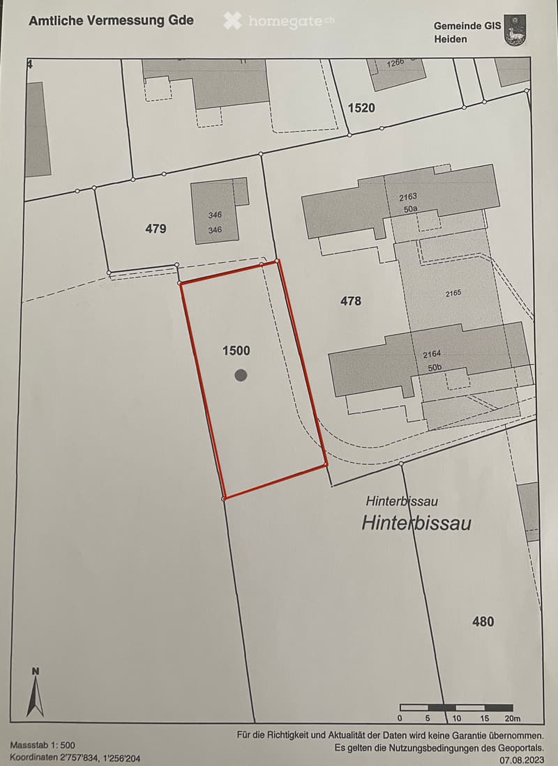 Official land survey map showing property boundaries and plot numbers in Heiden, with a highlighted plot marked1500.