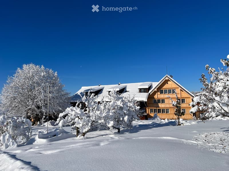 A large wooden house with a snow-covered roof and surrounding snow-covered trees under a clear blue sky.