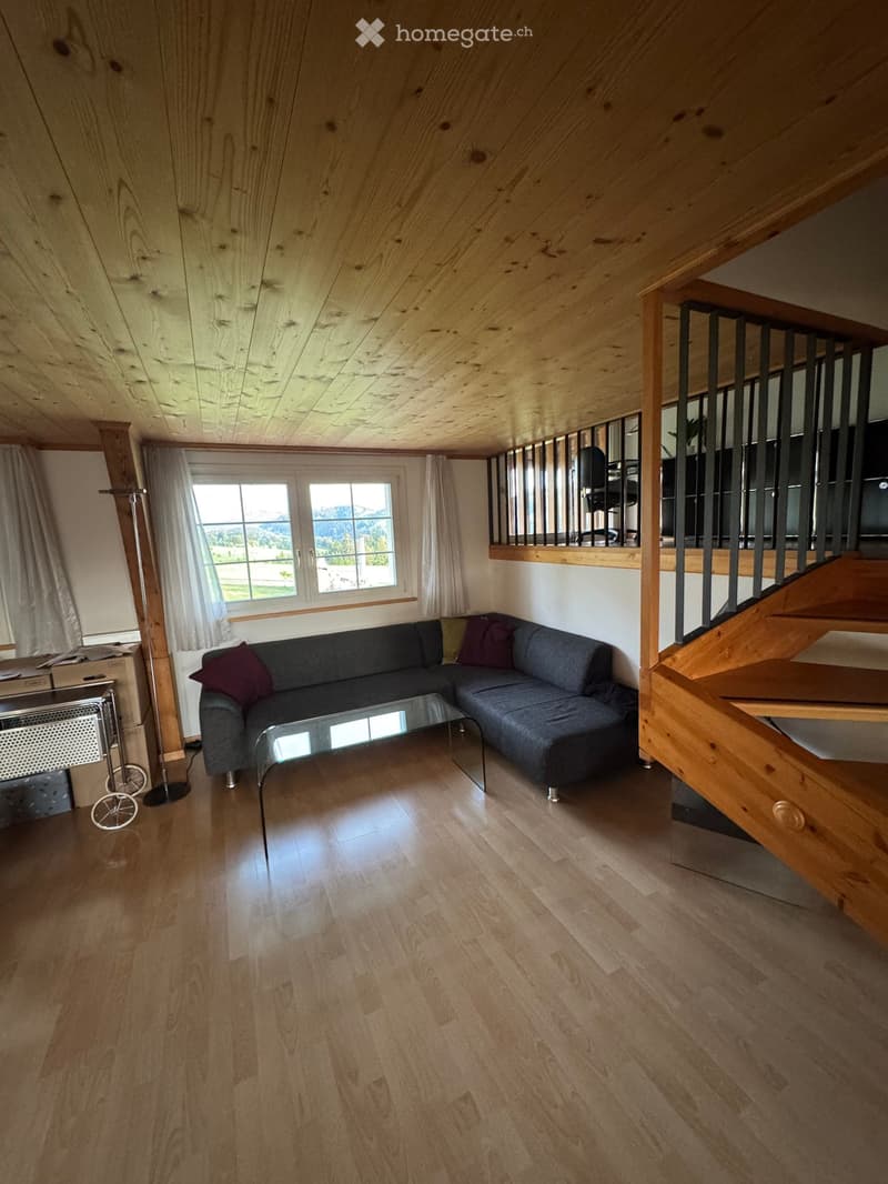 Living room with wooden ceiling and floor, grey sectional sofa with colorful cushions, glass coffee table, large window with curtains, radiator, and a small balcony area visible in the background.