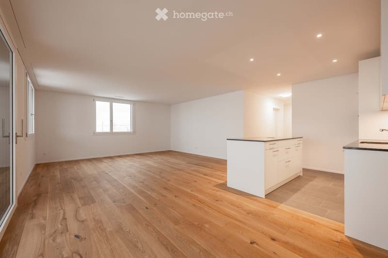 Empty room with wooden floor, white walls, kitchen area with cabinets and countertop, window with glass doors.