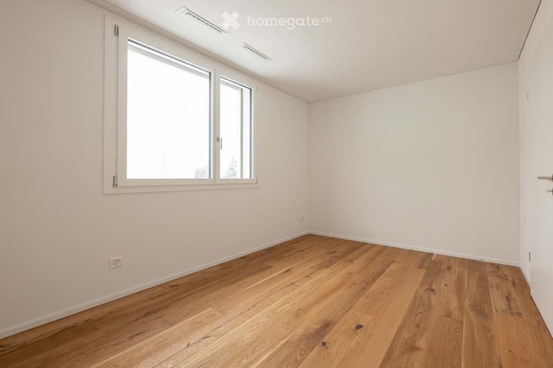 empty room, white walls, wooden floor, large window, power outlet