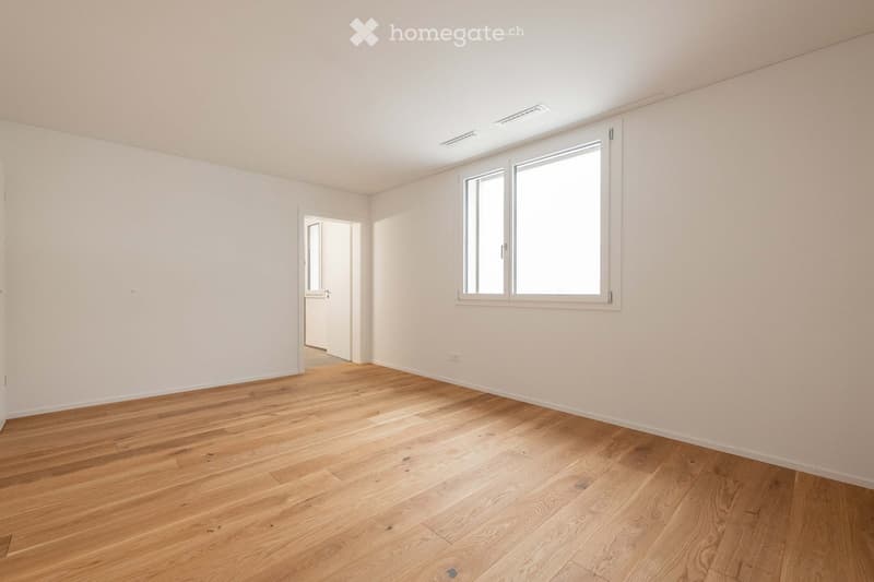 empty room, wooden floor, white walls, large window, door