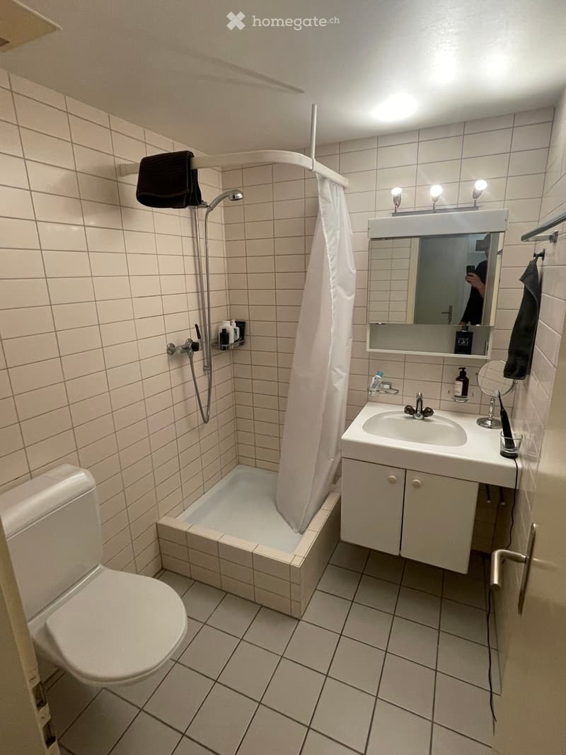 A compact bathroom with a toilet, a small shower stall with a curtain, a sink with a mirror, and a towel hanging on the wall.