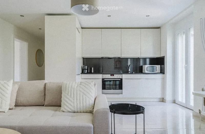 Modern, open-plan living and kitchen area with white cabinets, a grey sofa, a black coffee table, and stainless steel appliances including an oven and microwave.