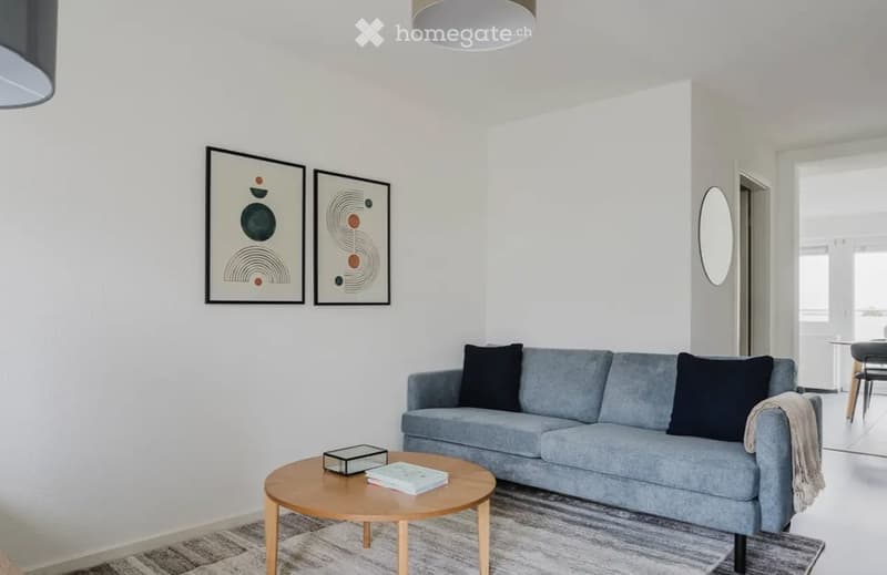 Modern living room with a grey sofa, wooden coffee table, books, decorative box, and wall art. The space is bright with white walls and a large window letting in natural light.