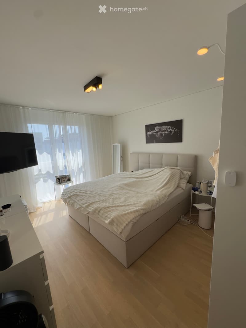 Modern bedroom with a large bed, nightstand, mirror, and artwork on the wall. The room features wooden flooring and large windows with sheer curtains.