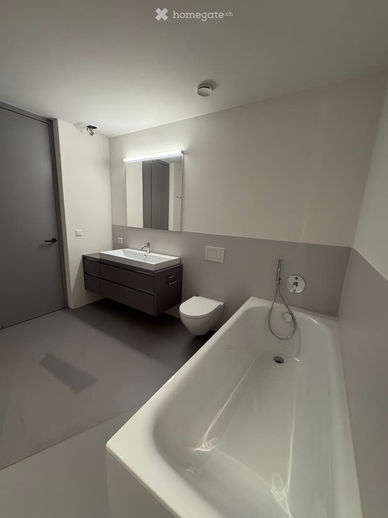 Modern bathroom with a bathtub, toilet, sink, and mirrored cabinet. Grey walls and floor, sleek design.