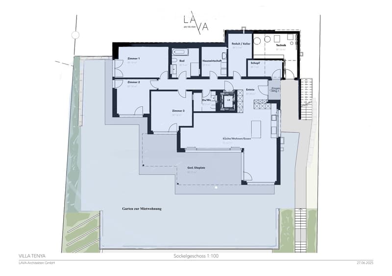 Floor plan of a basement level showing rooms including kitchen/dining/living area, three bedrooms, bathroom, utility area, storage, and entrance.