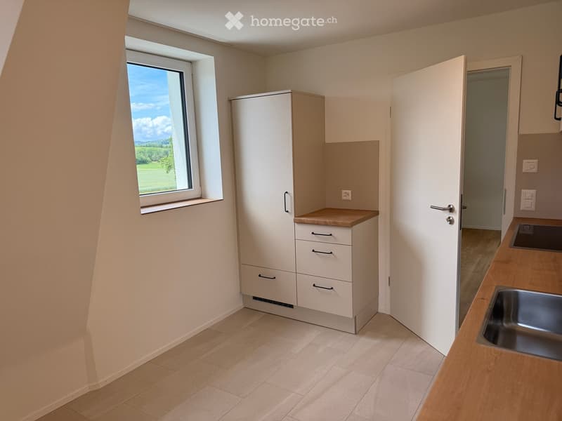 Modern kitchen with light-colored cabinets, a wooden countertop, and a stainless steel sink. The room features a large window with a scenic view of a green field.