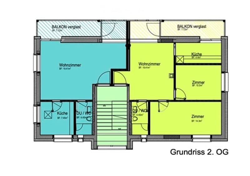 Floor plan of a 2nd floor apartment with two living rooms, two kitchens, four bedrooms, two bathrooms, and two balconies.