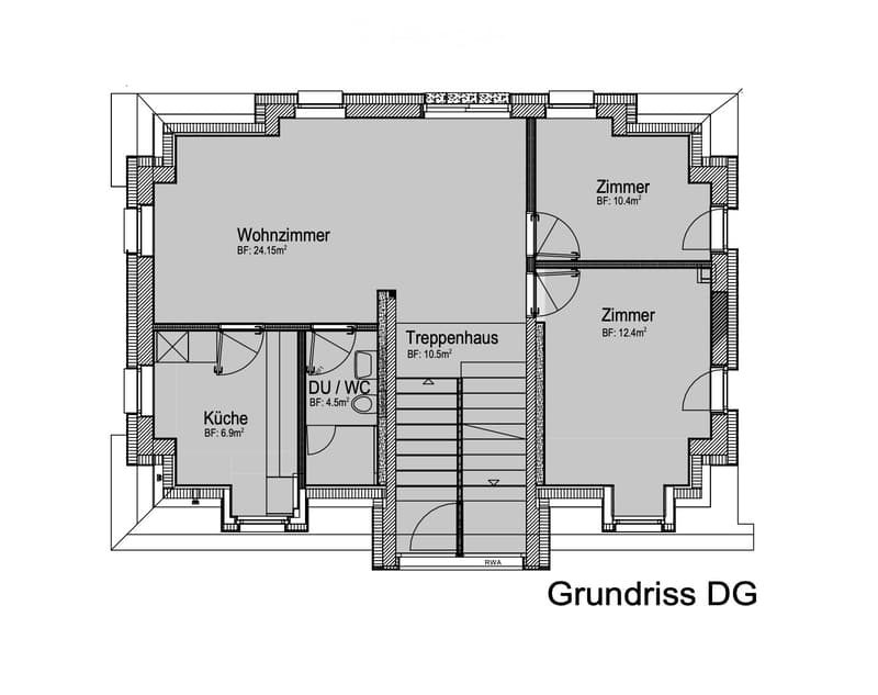 Floor plan of a ground floor (DG) showing a living room (Wohnzimmer), kitchen (Küche), two bedrooms (Zimmer), staircase hall (Treppenhaus), and a bathroom (DU / WC).