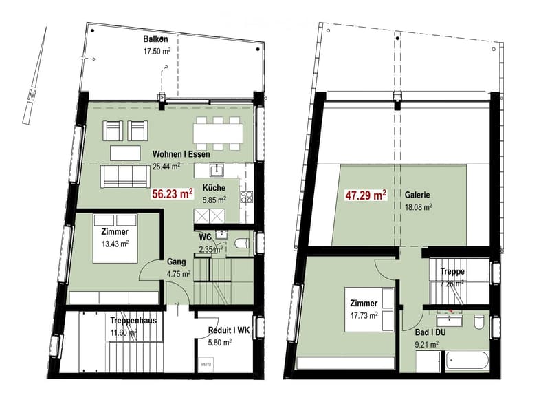 Floor plan of a two-story apartment with living and dining area, kitchen, bedroom, hallway, staircase, gallery, and bathroom.