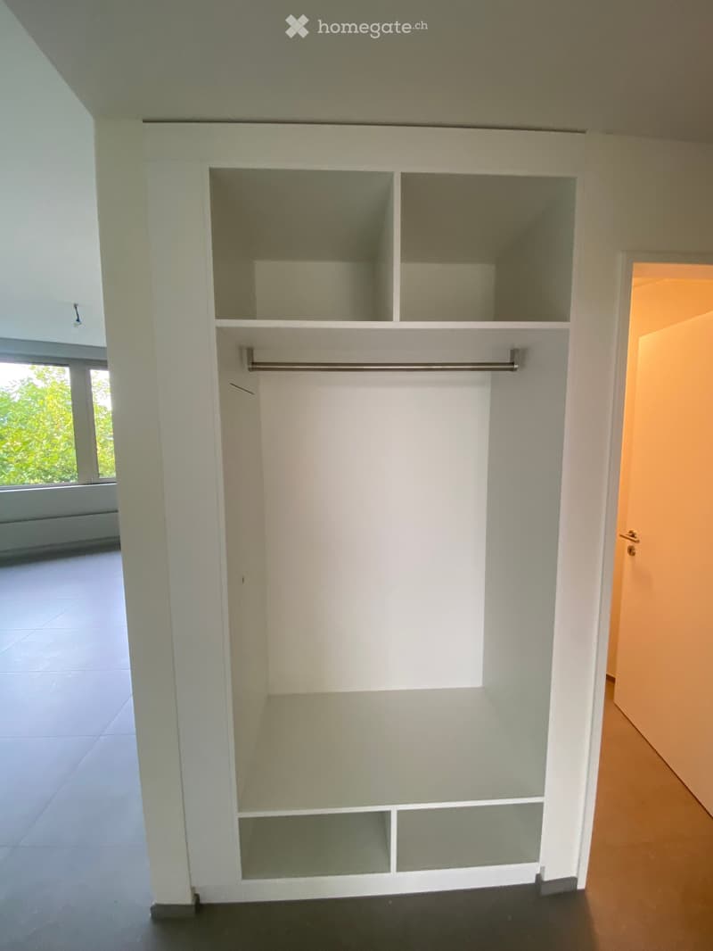 Empty closet with built-in shelves and a hanging rod, white walls, and a mix of tiled and wooden flooring.