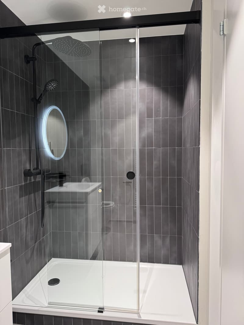 Modern bathroom with a large bathtub, glass-enclosed shower, sleek black tiles, and a built-in sink with a modern faucet.