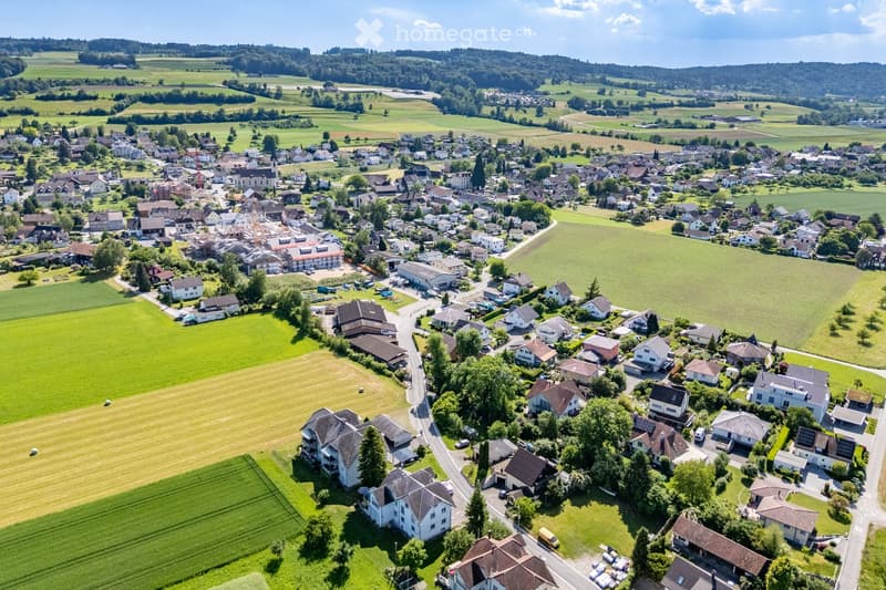 Aerial view of a small village with numerous houses, green fields, and surrounding hills.