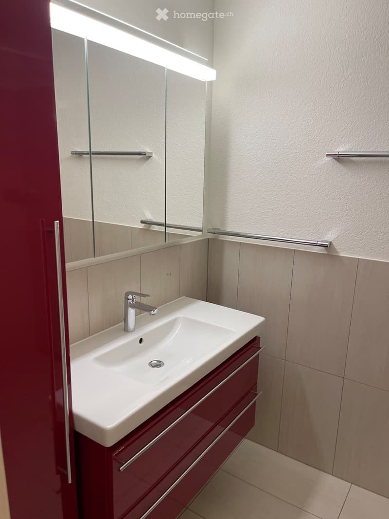 Modern bathroom with a white sink, chrome faucet, red cabinet, and large mirror with built-in lighting.
