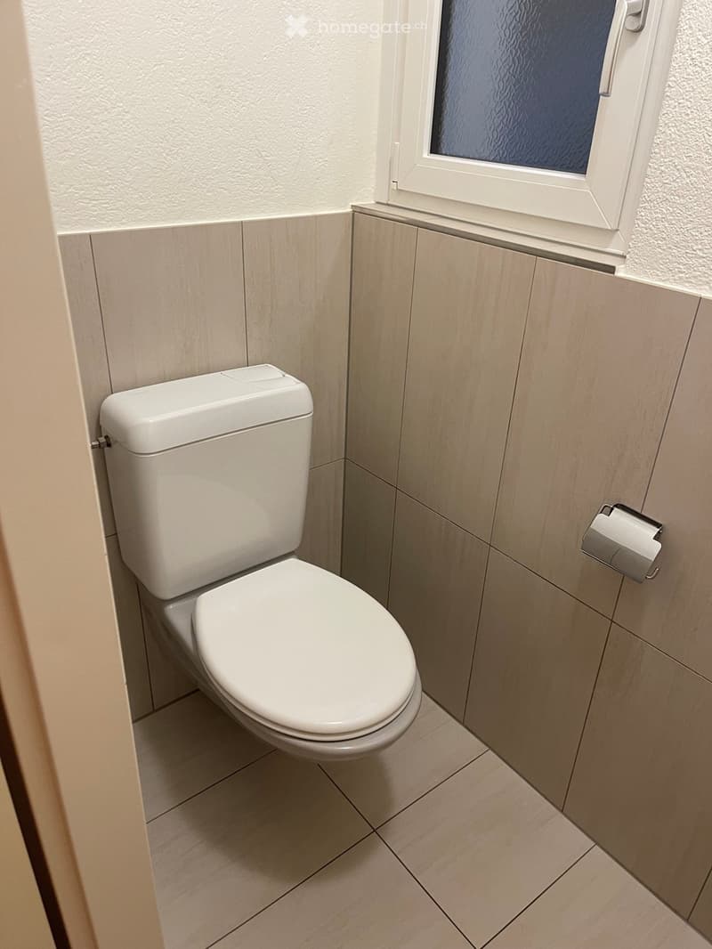 Modern bathroom with a white toilet, beige tiled walls, and a frosted window above.