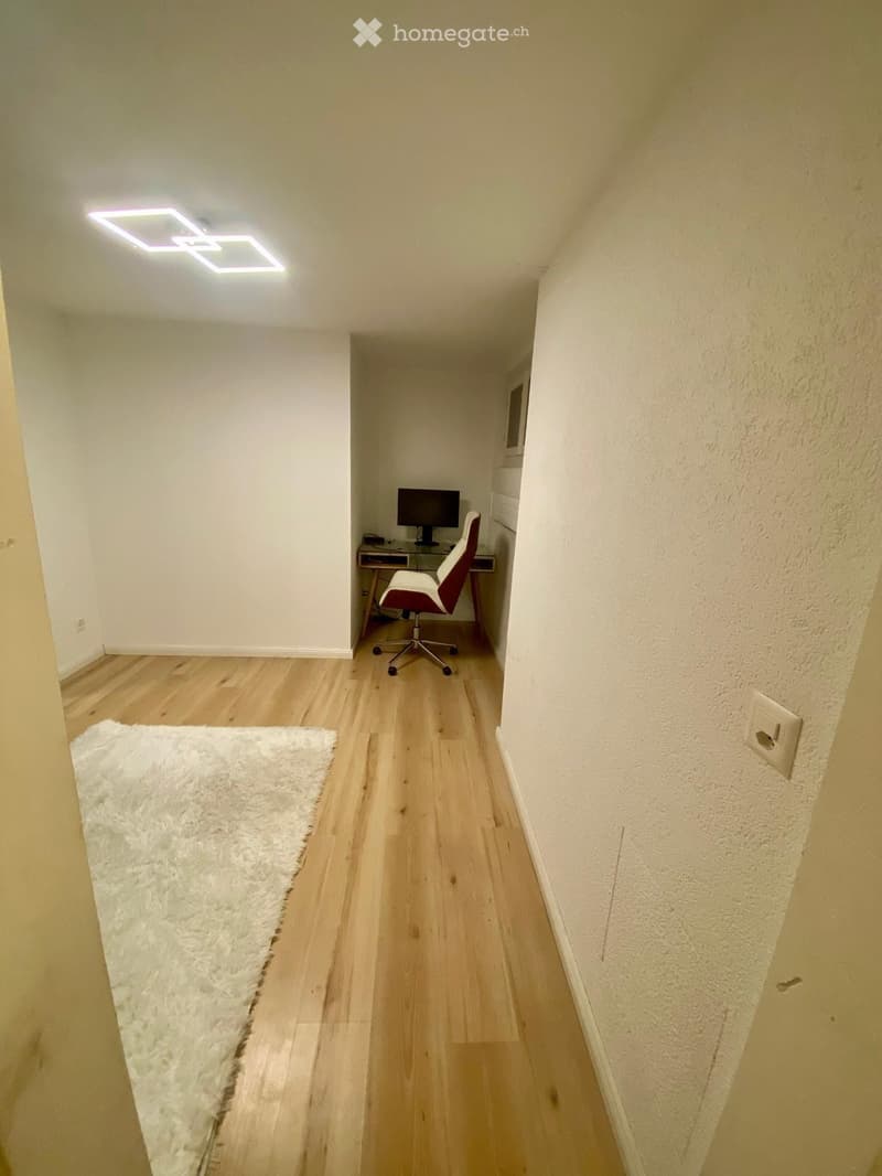 A narrow hallway with wooden flooring, a white shag rug on the left, and a small workspace area with a chair, desk, and computer at the end.