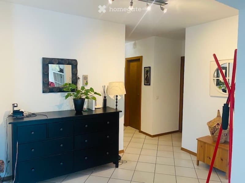 A well-lit hallway with a dark wooden dresser, a mirror, a potted plant, a table lamp, and a small wooden table with a decorative item on it.