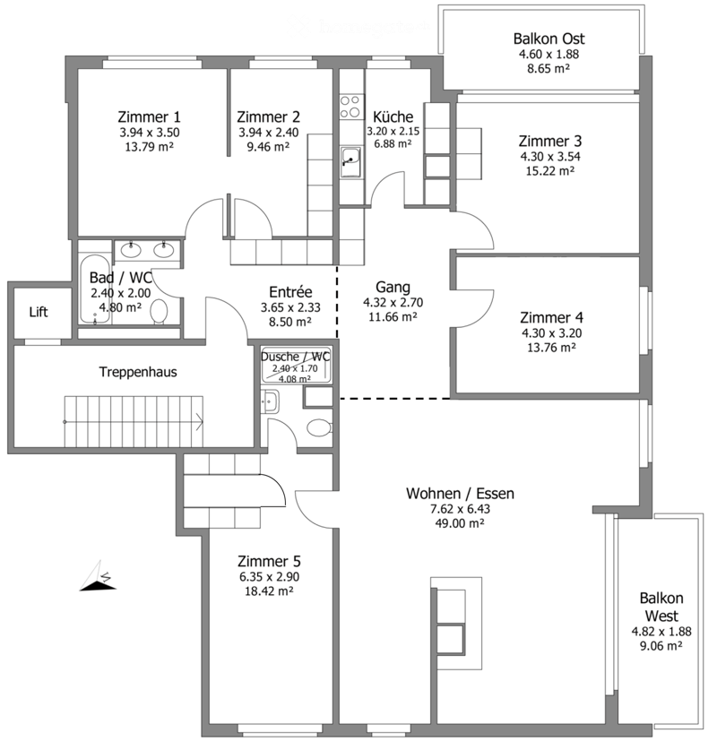 Floor plan of a 5-room apartment with a kitchen, living/dining area, 5 bedrooms, 2 bathrooms, and 2 balconies.