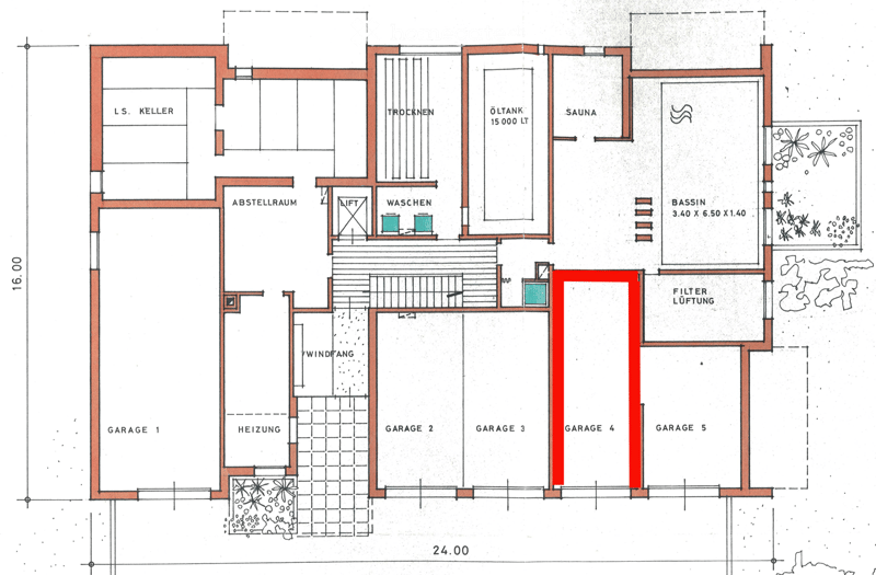 Floor plan showing a basement level with multiple garages, a heating room, a storage area, a dry room, an oil tank, a sauna, a washing area, and a pool area.
