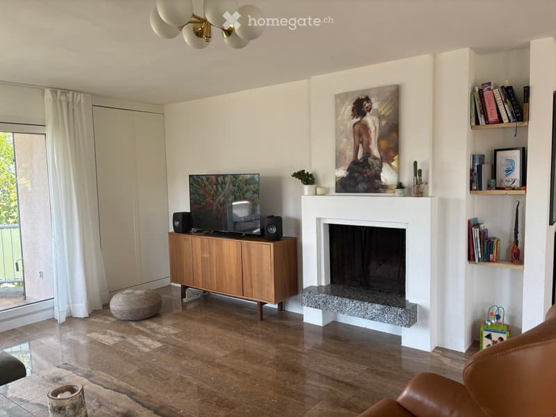 Modern living room with a fireplace, large windows, a wooden cabinet with a TV, a bookshelf, and a leather sofa.