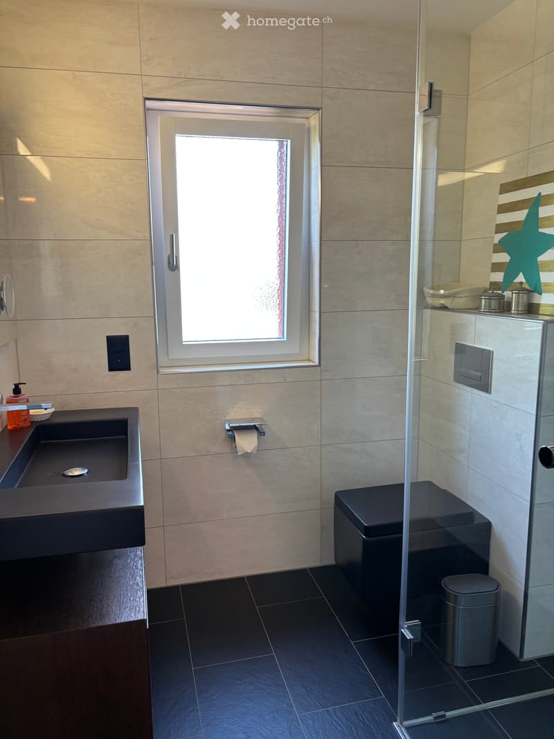 Modern bathroom with a dark sink, toilet, glass-enclosed shower, and a window providing natural light.