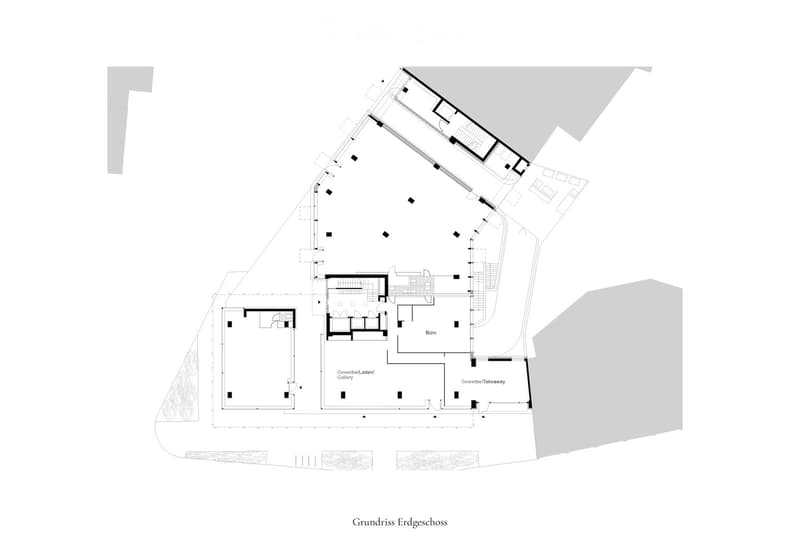Ground floor plan showing a commercial space with a gallery, office, and takeaway area. The layout includes multiple rooms and a hallway.