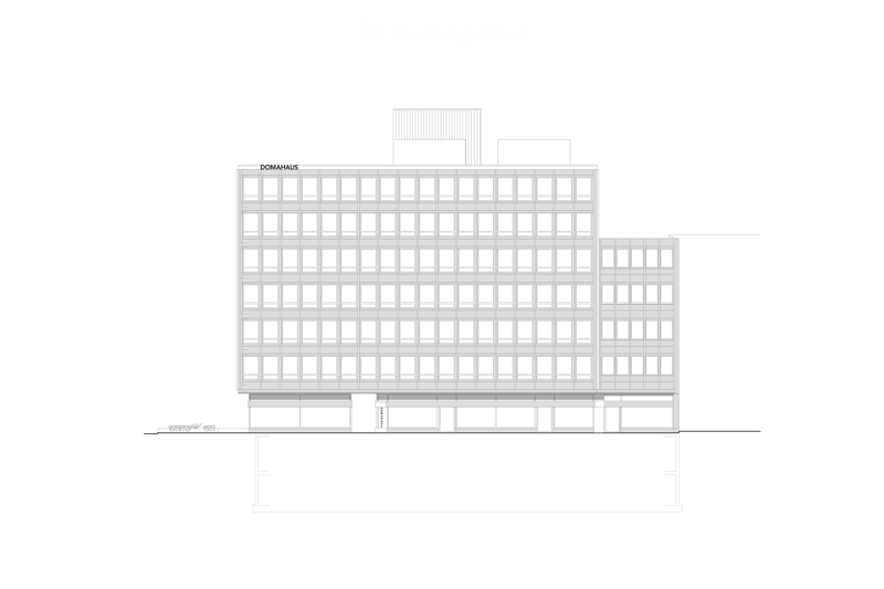 Architectural drawing of a multi-story building with a grid of windows and a flat roof, labeled 'DOMAHAUS'.