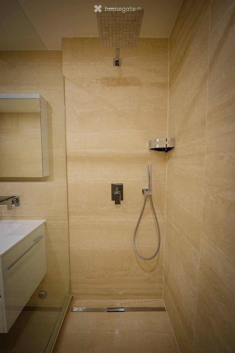 Modern bathroom with light-colored tiles, a glass-enclosed shower area, a built-in sink with a modern faucet, and a large showerhead.