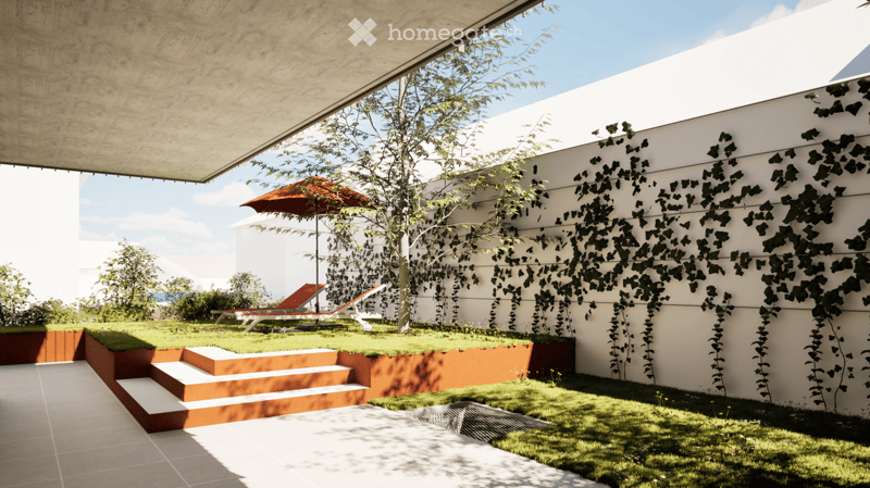 Modern outdoor space with a raised garden bed, steps, lounge chairs, umbrella, and climbing plants on a white wall.