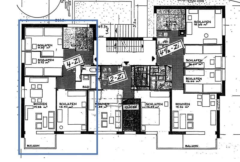 Floor plan of a multi-room apartment with labeled rooms including living areas, bedrooms, bathrooms, and balconies.