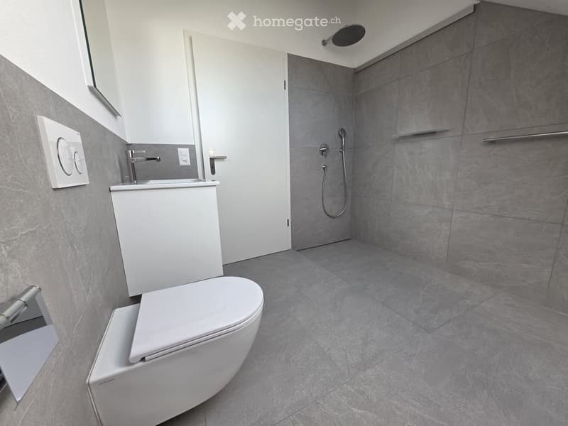 Modern bathroom with grey tiled walls and floor, white toilet, sink, and showerhead.
