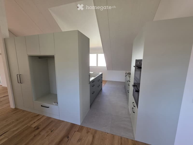 Modern, minimalist kitchen with white cabinetry, a built-in wardrobe, a sink, and an oven. The space features wooden flooring and a skylight window.
