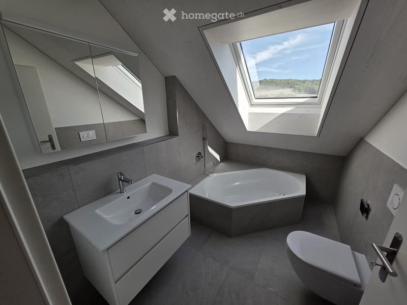 Modern bathroom with a sleek sink, bathtub, toilet, and mirrored cabinet, featuring large skylight windows and grey tiled walls.