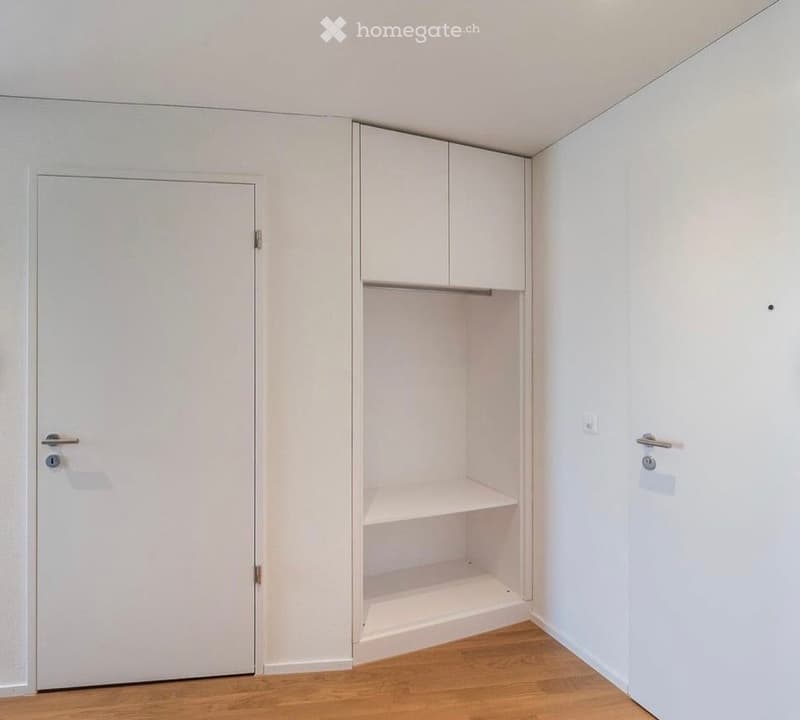Empty room with white walls, wooden floor, built-in closet with shelves, and two doors.