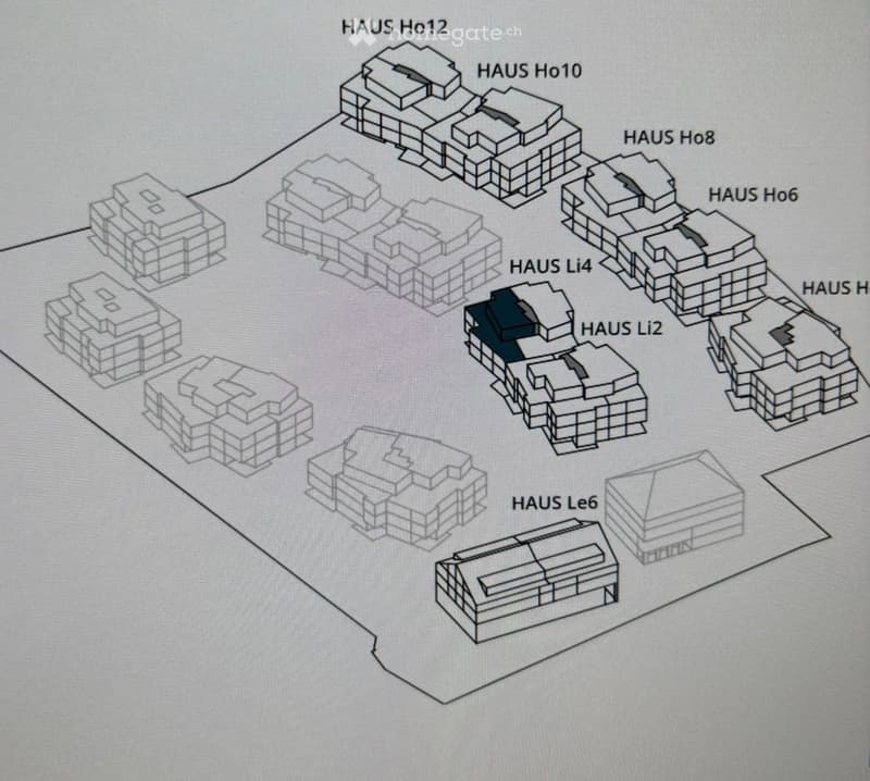 Floor plan showing multiple labeled buildings (HAUS Ho12, Ho10, Ho8, Ho6, Li4, Li2, Le6) arranged on a site.