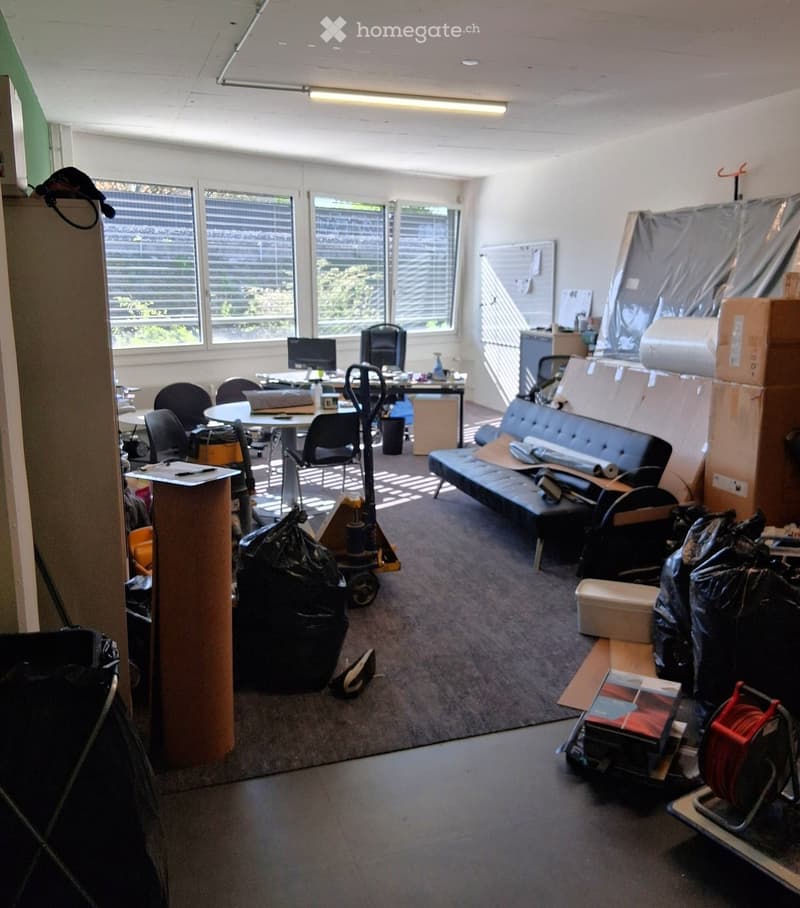 An empty room with a carpet, a desk, and a couch covered in plastic. There are also several boxes, trash bags, and a trolley in the room.