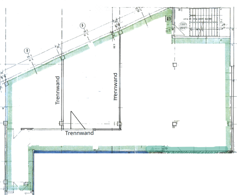 Floor plan showing layout with walls, windows, and Trennwand (partition wall) indicated.