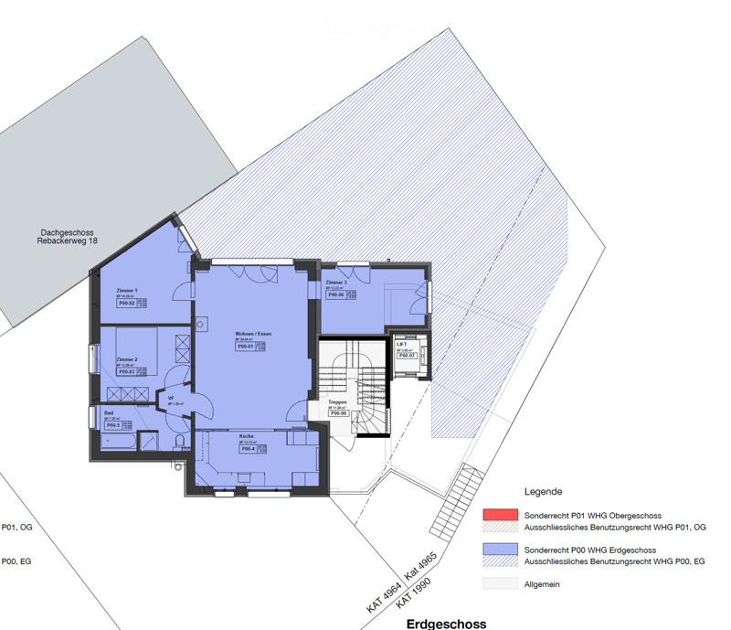Floor plan of a two-story house with rooms labeled: living/dining area, kitchen, three bedrooms, bathroom, staircase, and elevator.