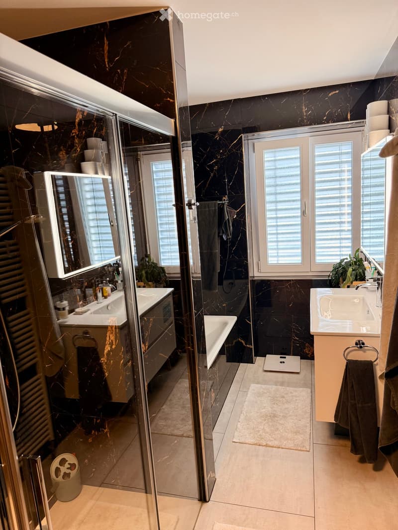 Modern bathroom with black marble walls, two sinks, a bathtub, a glass-enclosed shower, and a large mirror. Includes towels, a plant, and a scale.