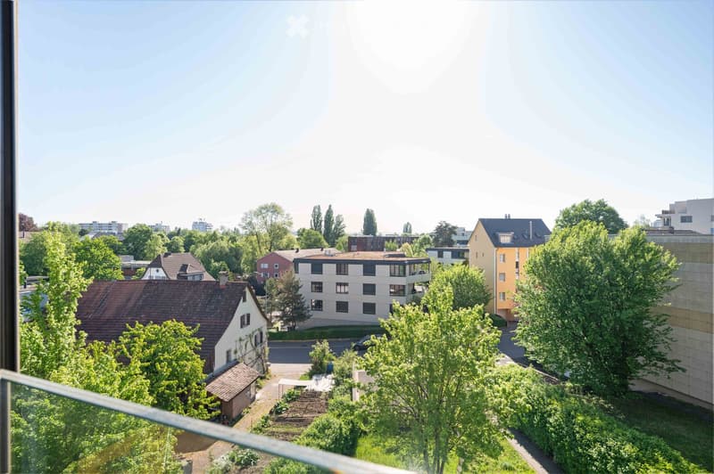 Balcony view overlooking a residential area with houses, trees, and a parking lot.