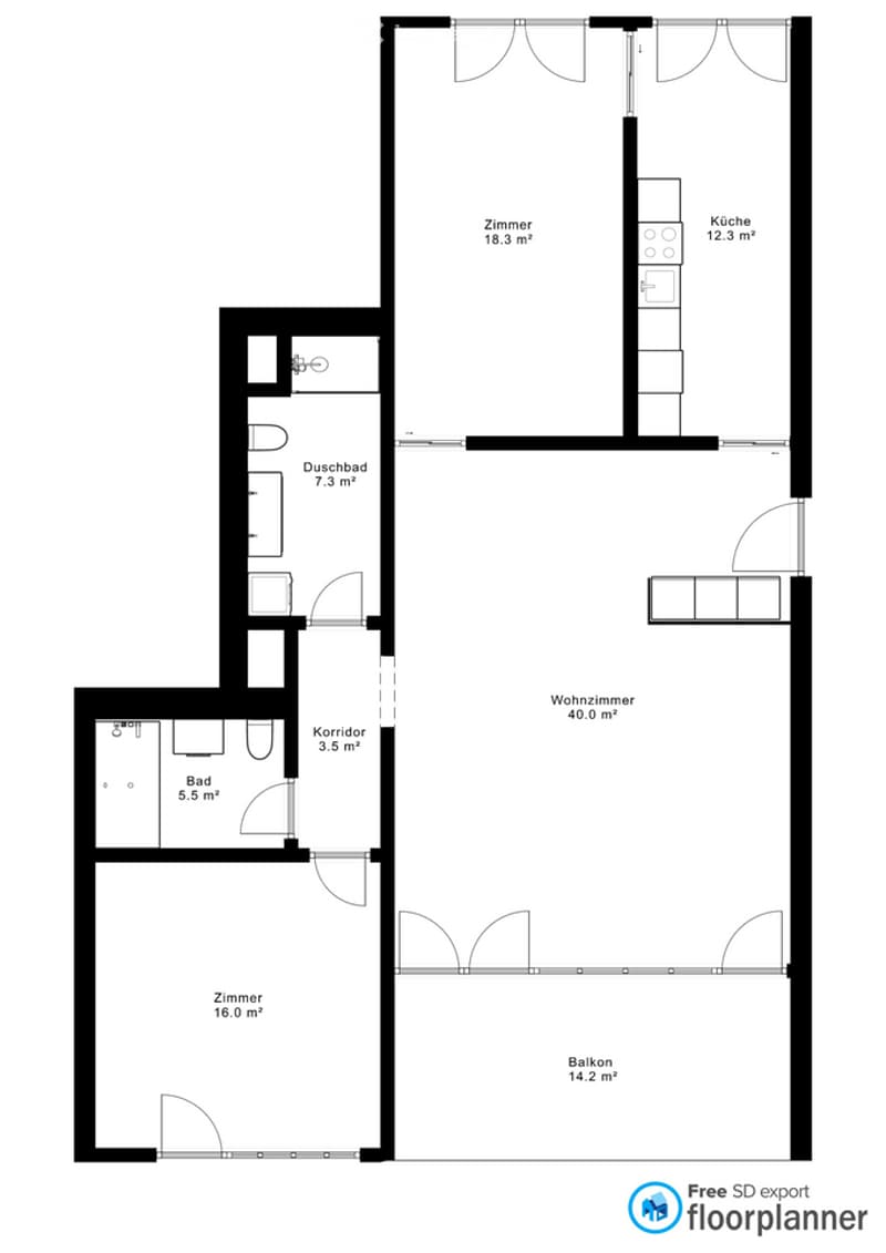 Floor plan of an apartment with a living room (40.0 m²), kitchen (12.3 m²), two bedrooms (18.3 m² and 16.0 m²), two bathrooms (5.5 m² and 7.3 m²), hallway (3.5 m²), and a balcony (14.2 m²).