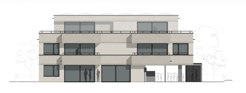 Modern three-story building with large windows and balconies, featuring a flat roof and contemporary design.
