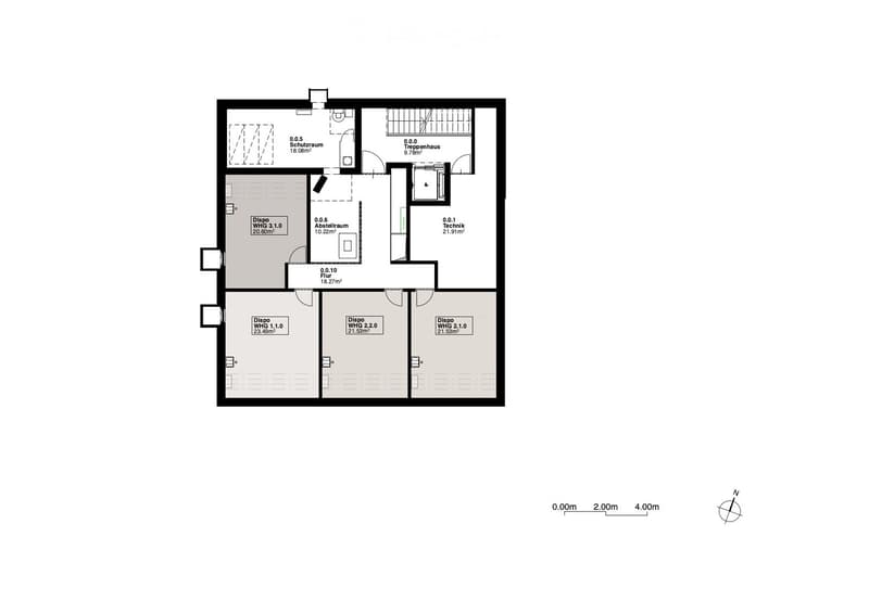 Floor plan showing three apartments (WGH 1.1.0, WGH 2.0, WGH 3.1.0), hallway, staircase, storage room, and technical room.