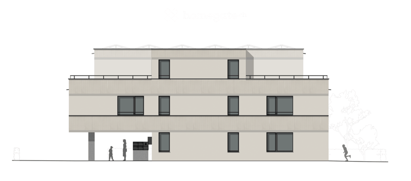 A modern three-story building with a flat roof and large windows, featuring a balcony on the second floor and a small entrance area with mailboxes.